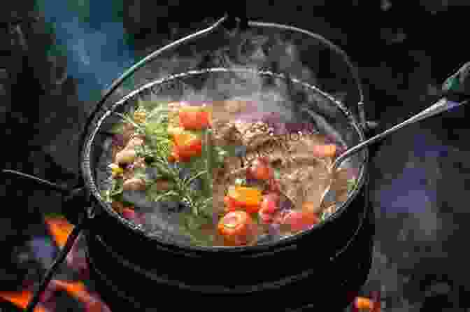 Dutch Oven Hanging Over A Campfire, Filled With A Savory Stew Outdoor Camping Cookbook: Dutch Oven Recipes The Art Of Slow Cooker And Wood Fried Grilling Cooking