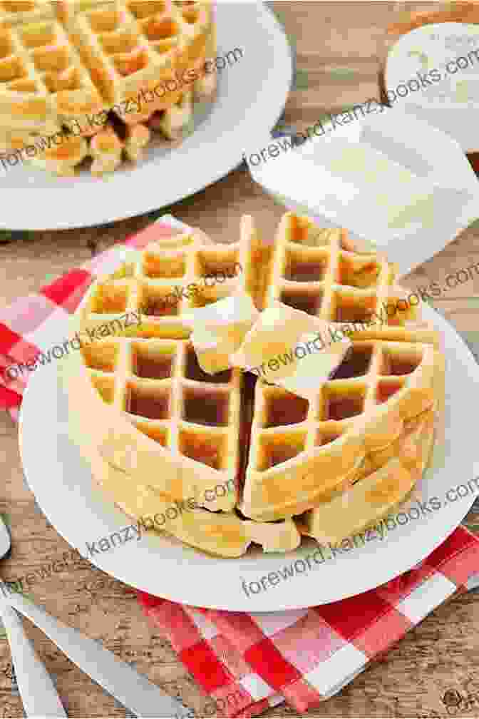 Golden Brown, Fluffy Waffles Stacked On A Plate With Butter And Syrup Waffle Maker: Homemade Tasty Waffle Recipes